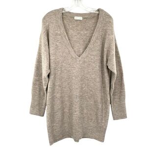 Q2 Oversized Beige V Neck Tunic Sweater